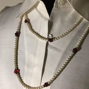 52” Strand of Small Pearls and Cranberry Beads